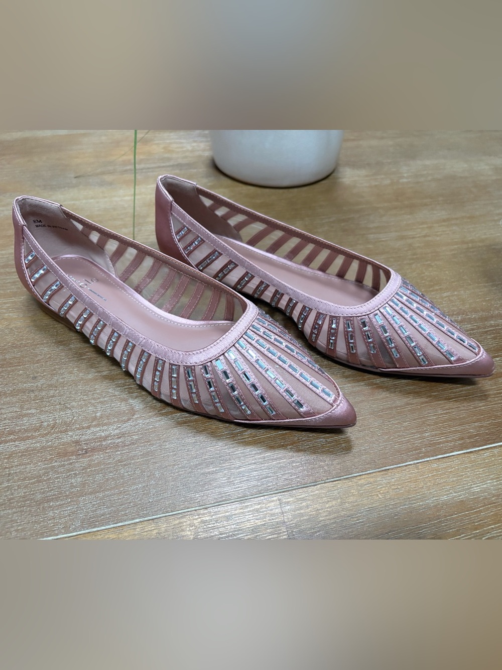 Paolo Rose Pink Pointed-Toe Blush Satin/Mesh Flats with Rhinestone Accents